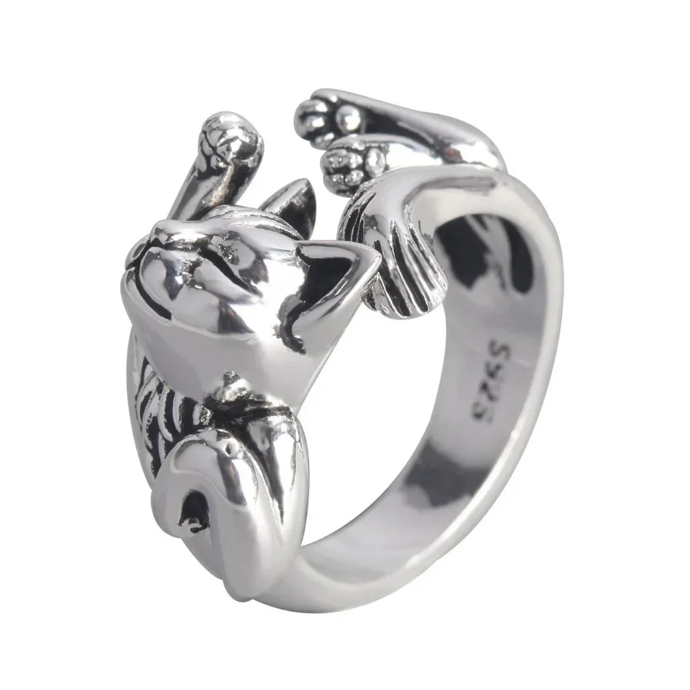 Kitty Cat Ring 925 Silver Plated Copper Totem Ring Adjustable New